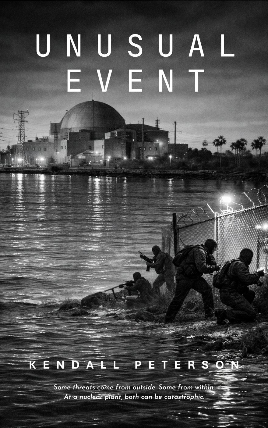 Unusual Event book cover: a nuclear plant across dark water at night, an armed team breaching the perimeter fence