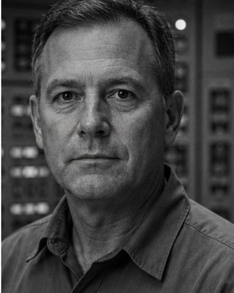 Mark Thompson, shift supervisor, in the control room with a neutral expression