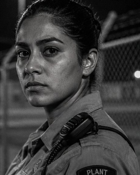 Sara Patel, plant security officer, standing at the perimeter fence at night